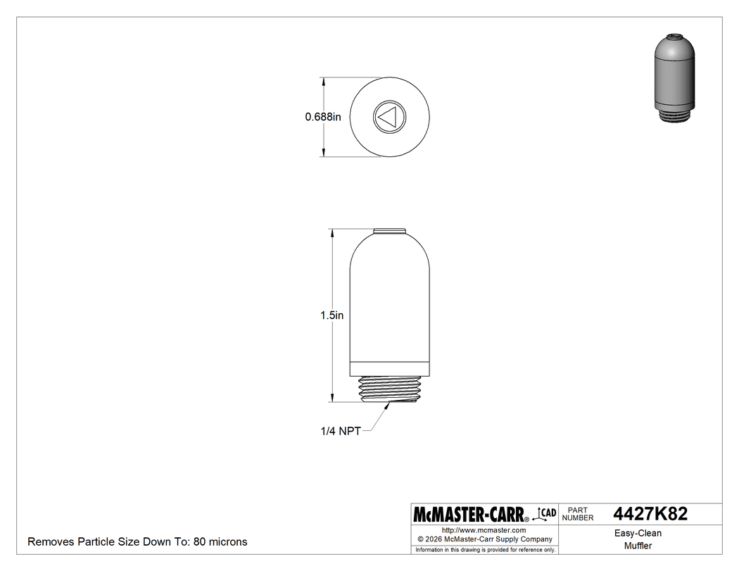 Technical Drawing of Easy-Clean Muffler, 1/4 NPT Male, Polyethylene, 60 scfm Flow Rate.